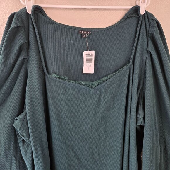 Torrid Blouse Plus Size 5X Dark Green Lace Ribbed Puff Sleeve Formal Holiday Top - Picture 3 of 14